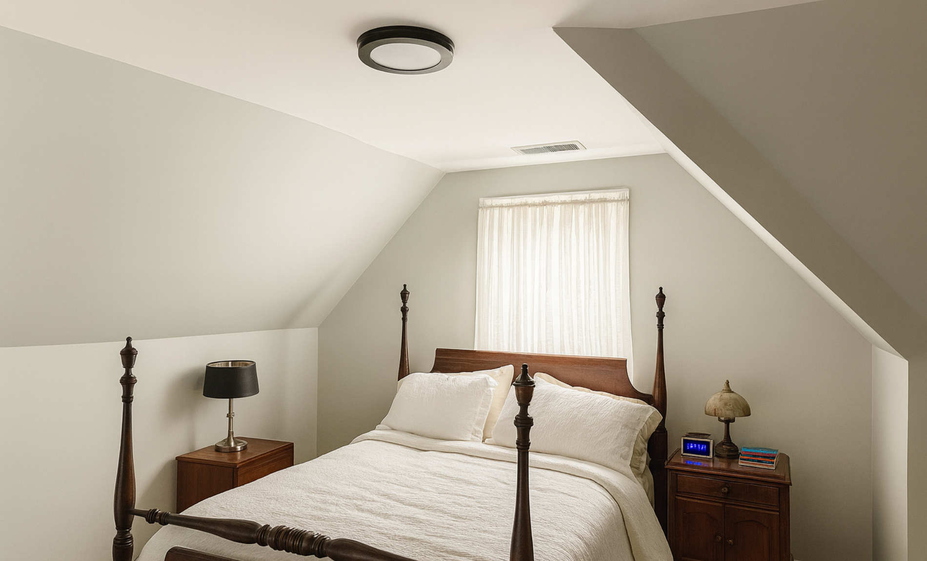 Cozy bedroom with wooden bed frame, white duvet and pillows, white curtains, side table, and night lamp
